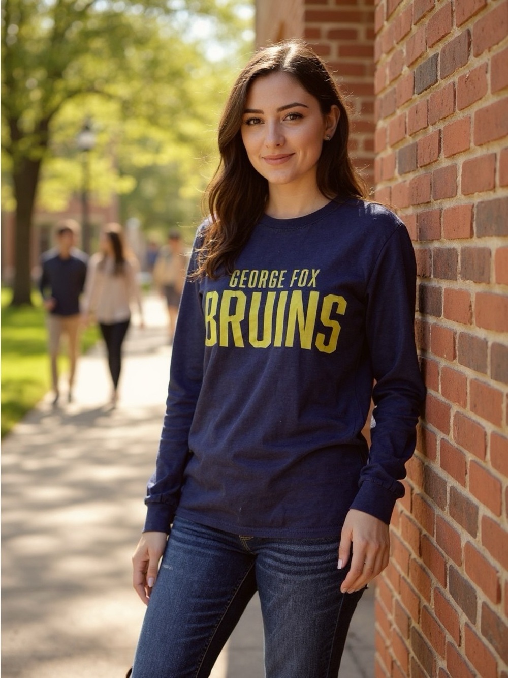 George Fox University Bruins Long-Sleeve Tee Navy Yellow Medium - Picture 1 of 7